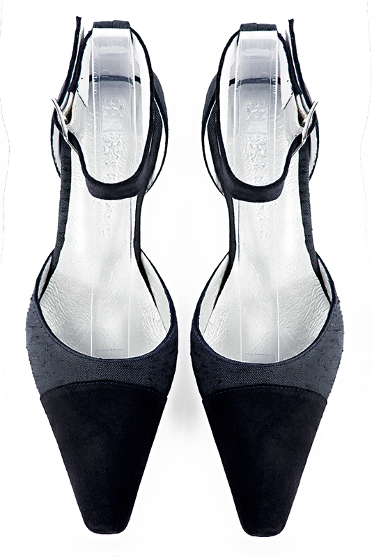 Midnight blue women's open side shoes, with a strap around the ankle. Tapered toe. Medium comma heels. Top view - Florence KOOIJMAN